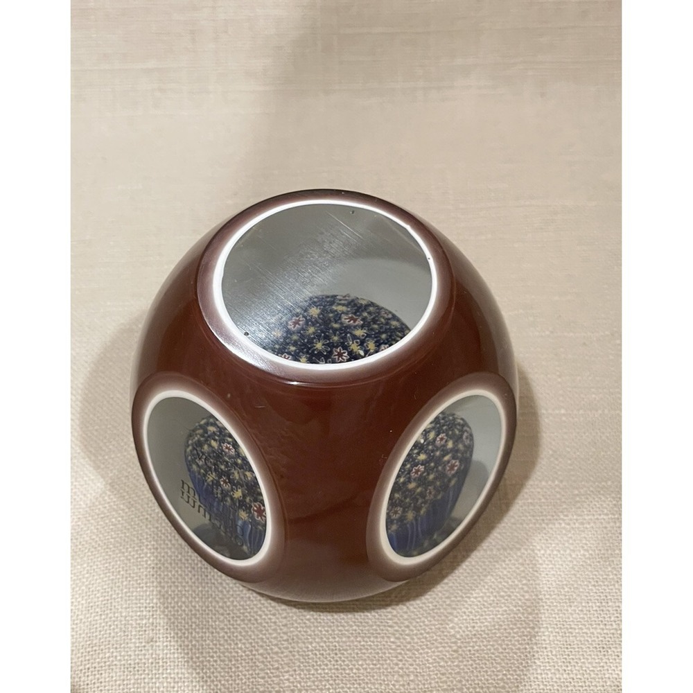 Large Murano Art Glass Double Overlay 6 Faceted Mellifiori Paperweight Burgundy - Picture 3 of 13